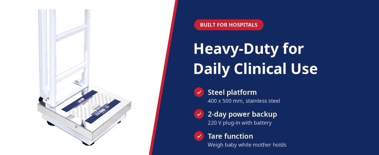 Stainless Steel Platform Built for Hospitals Heavy-duty 400 x 500 mm stainless steel platform of the OM-PS-200 hospital weighing scale with tare function and power backup