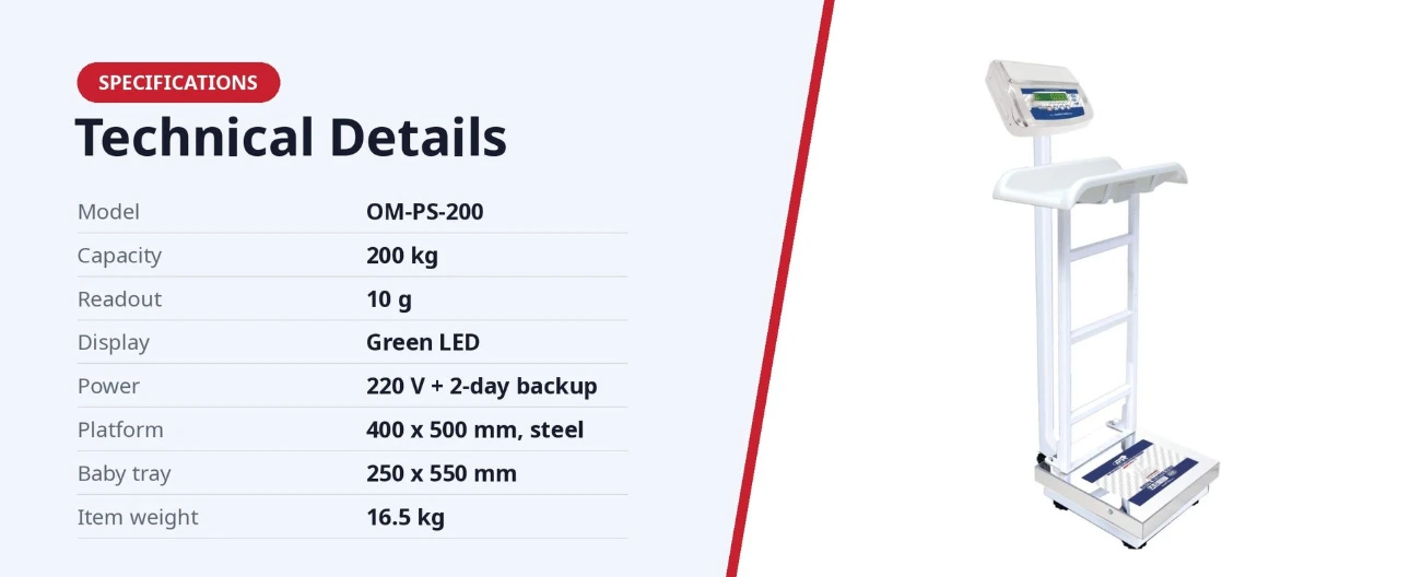 OM-PS-200 Technical Specifications Ace OM-PS-200 specifications: 200 kg capacity, 10 g readout, green LED, 220 V with 2-day backup, 400 x 500 mm platform, 250 x 550 mm tray, 16.5 kg