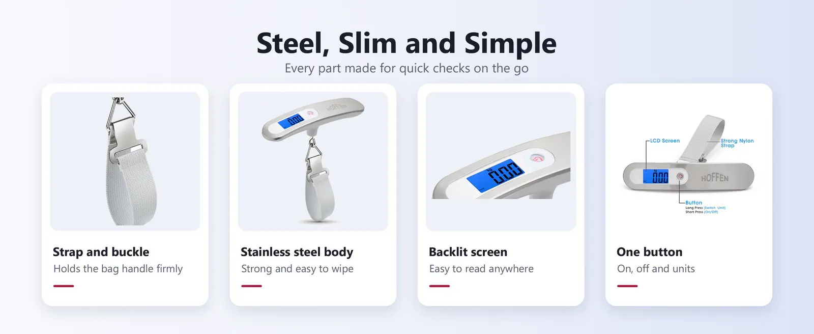 Hoffen HO-L-9 parts: strap and buckle, stainless steel body, backlit screen and one button