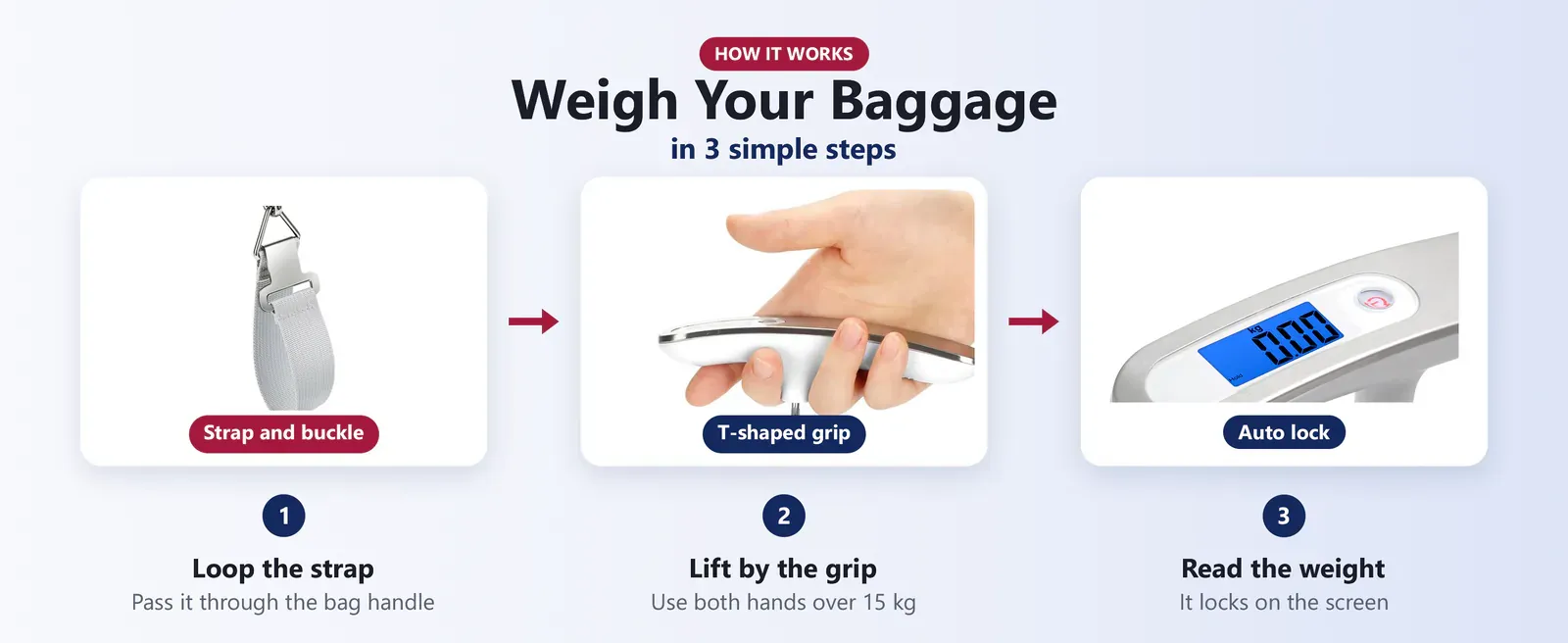 How to weigh baggage with the Hoffen HO-L-9: loop the strap, lift by the grip, read the locked weight