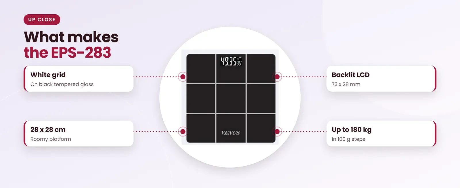 Venus EPS-283 black weighing scale: white grid, 28 x 28 cm, backlit lcd, up to 180 kg