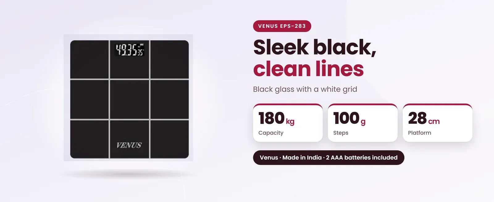 Venus EPS-283 black weighing scale: Black glass with a white grid