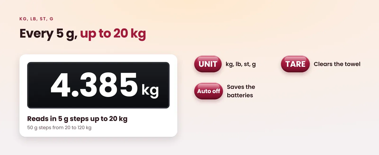 Bluetooth baby scale reads in 5 g steps up to 20 kg and 50 g steps up to 120 kg, in kg, lb, st and g