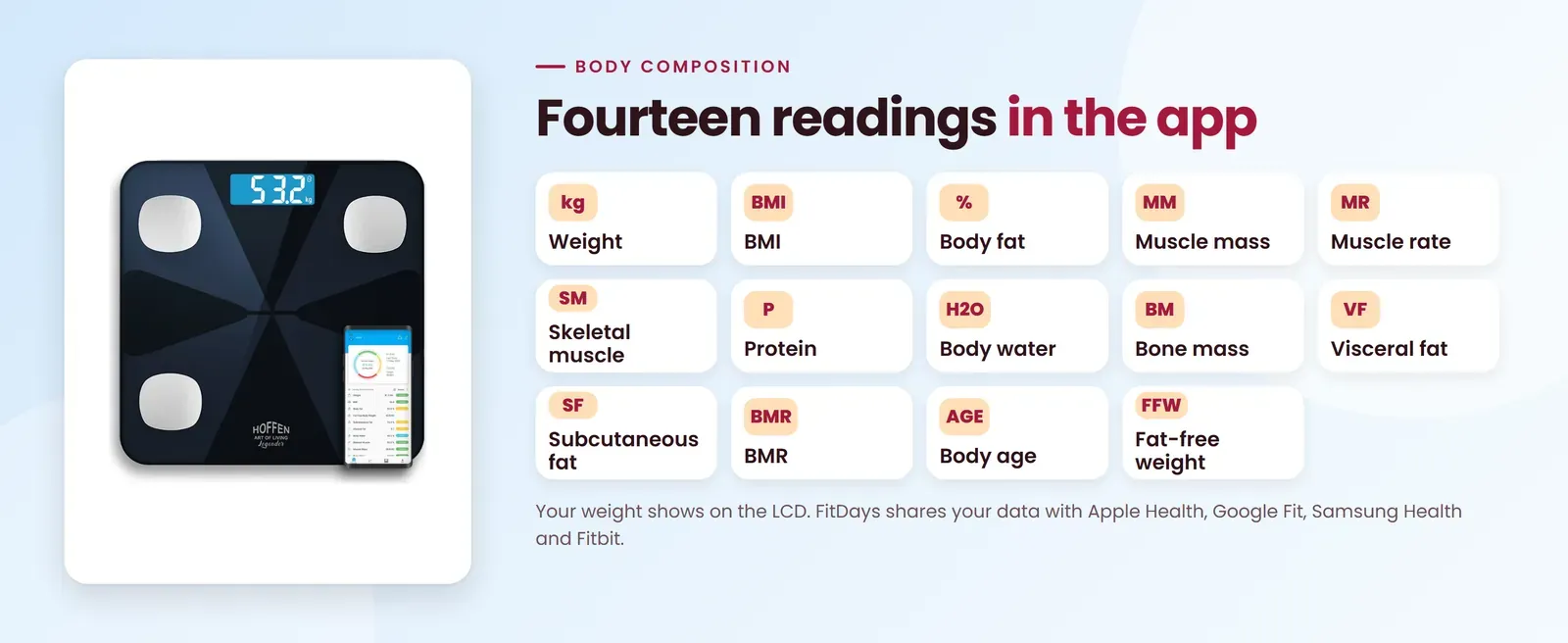 Hoffen HO-19 App Bluetooth weighing scale measures weight, BMI, body fat, muscle mass, muscle rate, skeletal muscle, protein, body water, bone mass, visceral fat, subcutaneous fat, BMR, body age and fat-free weight