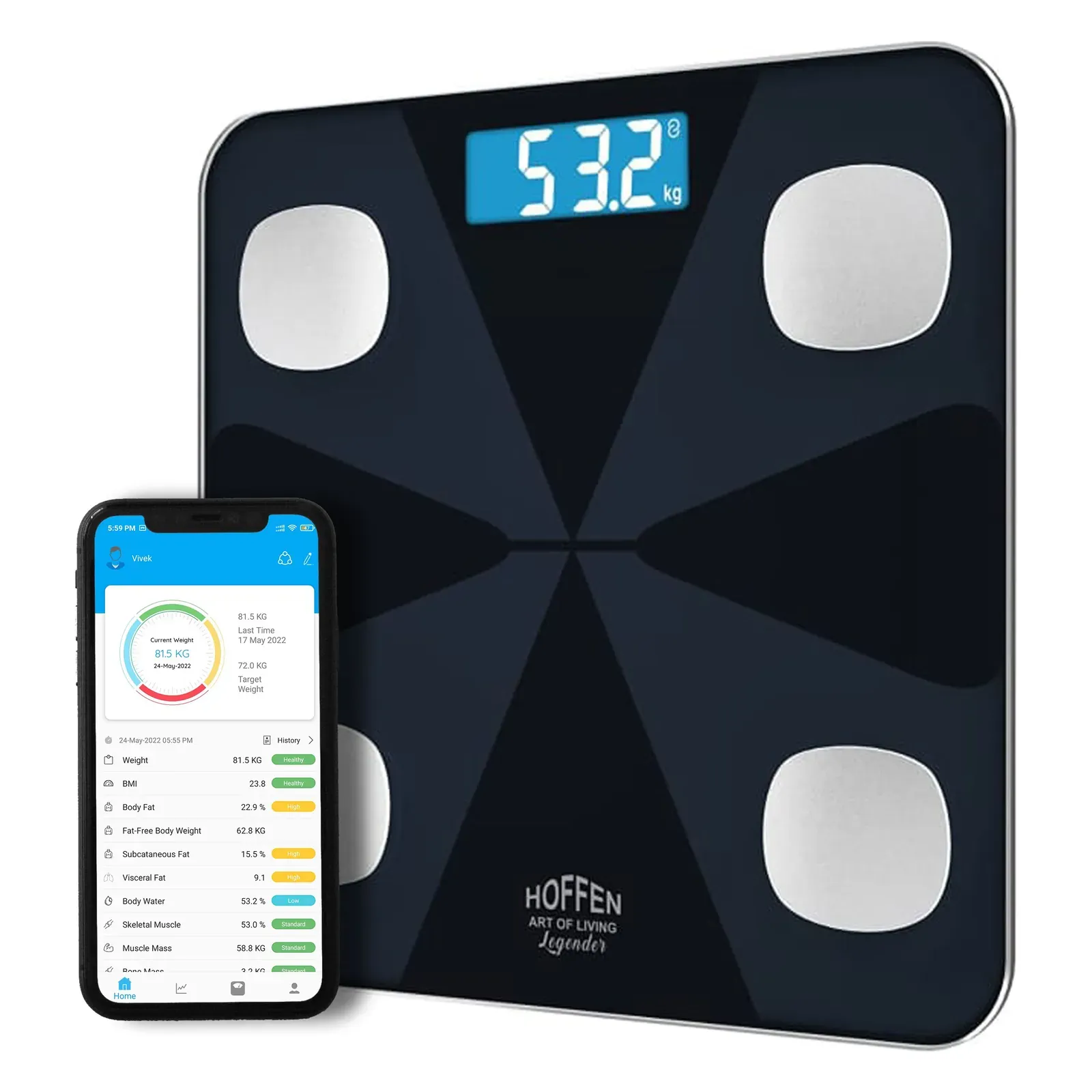 Hoffen HO-19 App bluetooth weighing scale, angled view with phone
