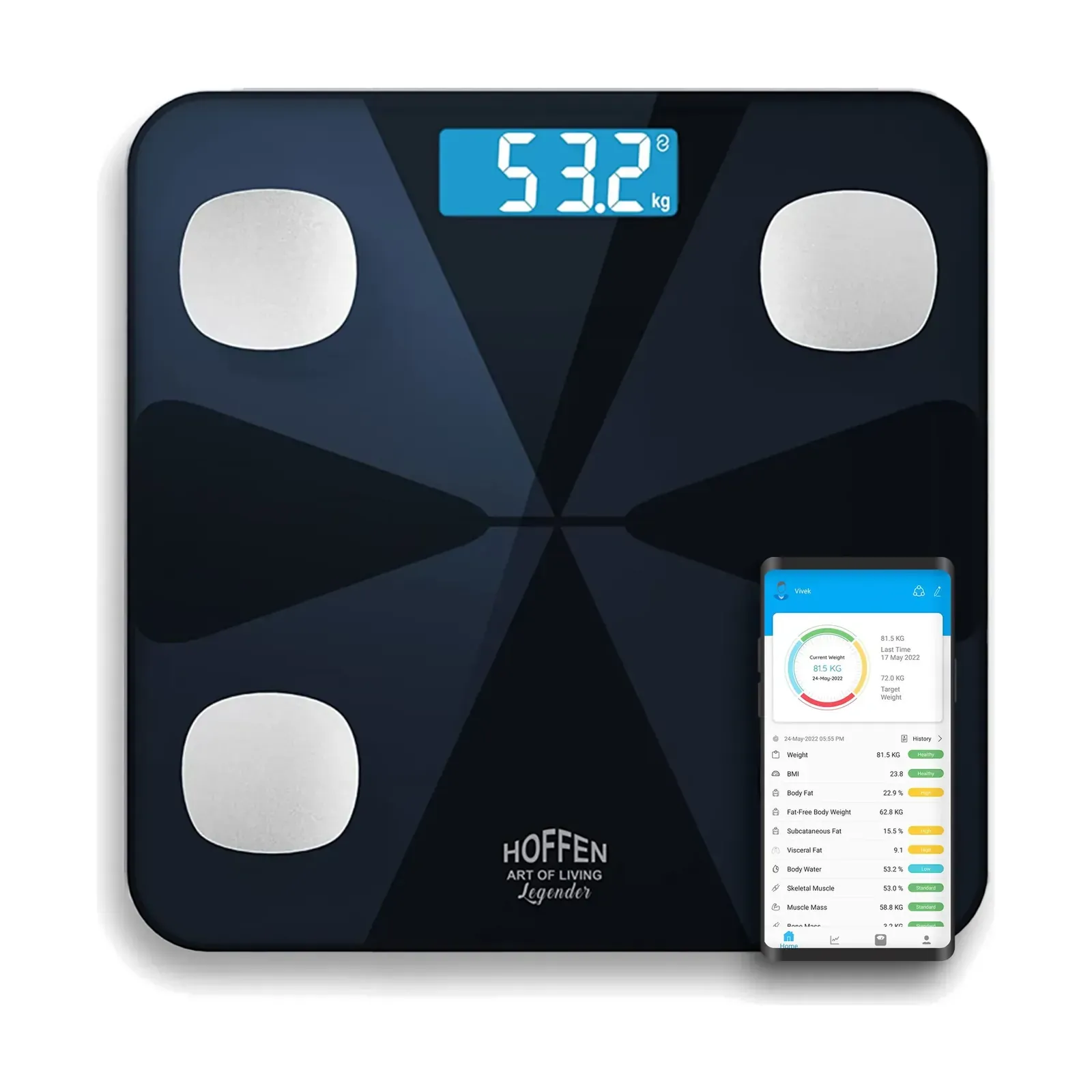 Hoffen HO-19 App bluetooth weighing scale, with the FitDays app on a phone