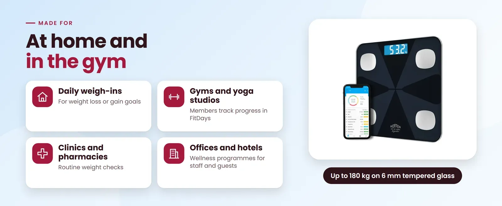 Hoffen HO-19 App Bluetooth weighing scale for daily weigh-ins, gyms and yoga studios, clinics and pharmacies and offices and hotels