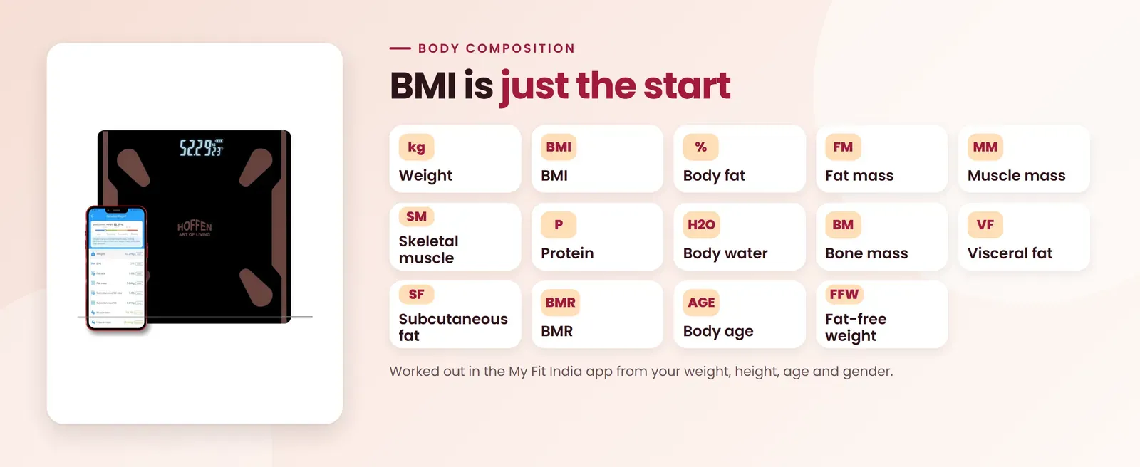 Hoffen HO-9 App BMI weighing machine measures weight, BMI, body fat, fat mass, muscle mass, skeletal muscle, protein, body water, bone mass, visceral fat, subcutaneous fat, BMR, body age and fat-free weight