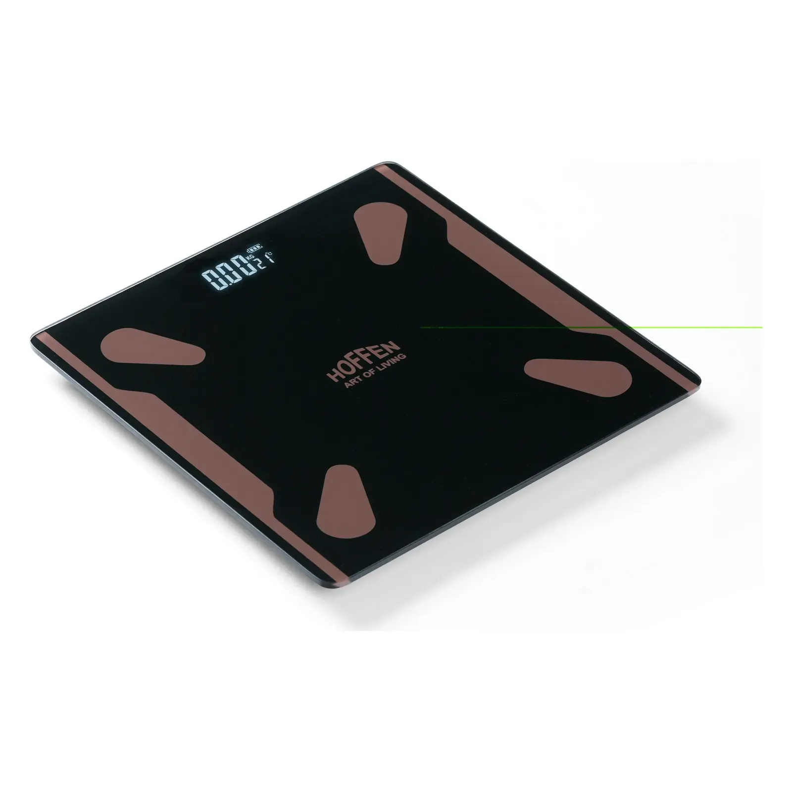 Hoffen HO-9 App bmi weighing machine, angled view of the brown pattern glass