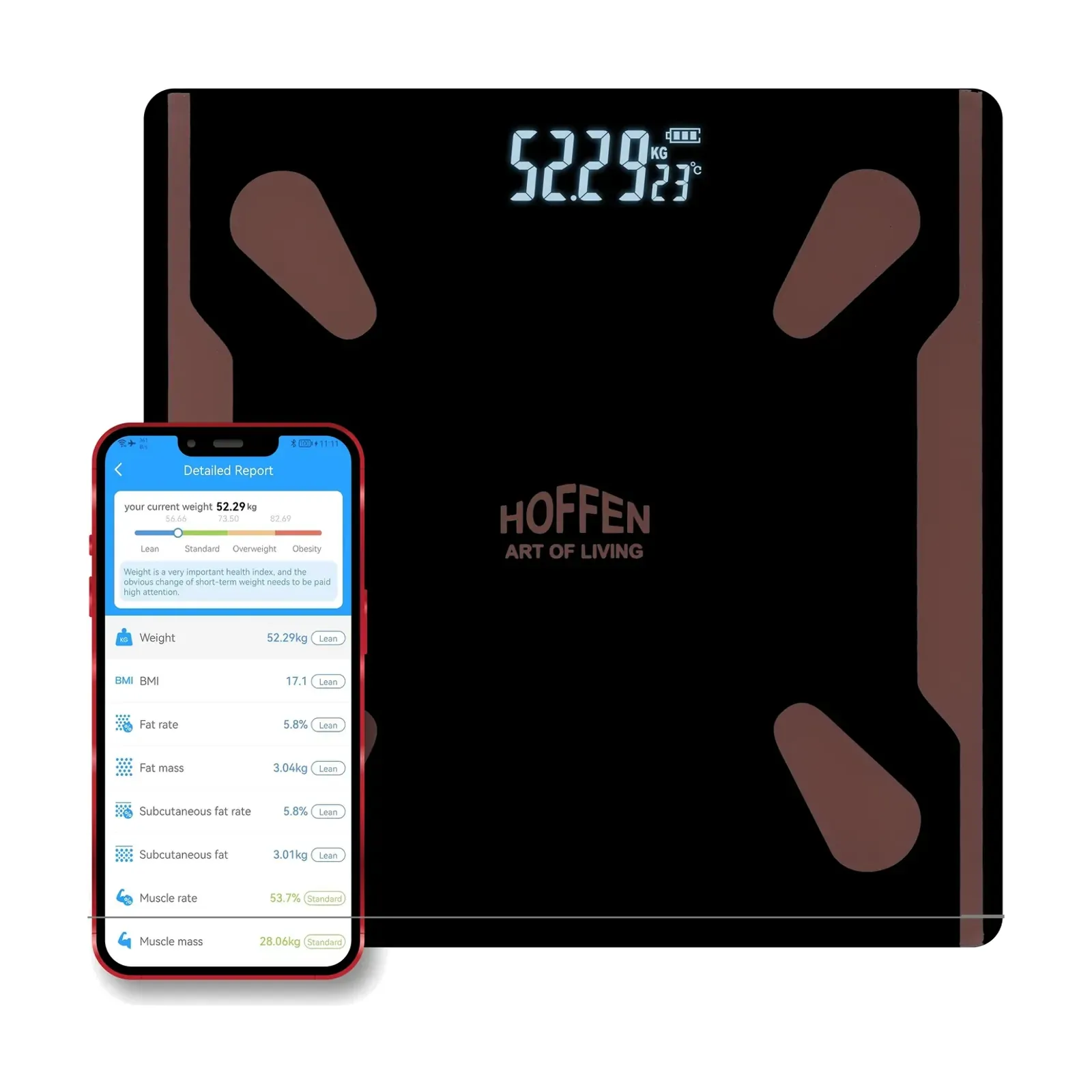 Hoffen HO-9 App bmi weighing machine, with the My Fit India app on a phone
