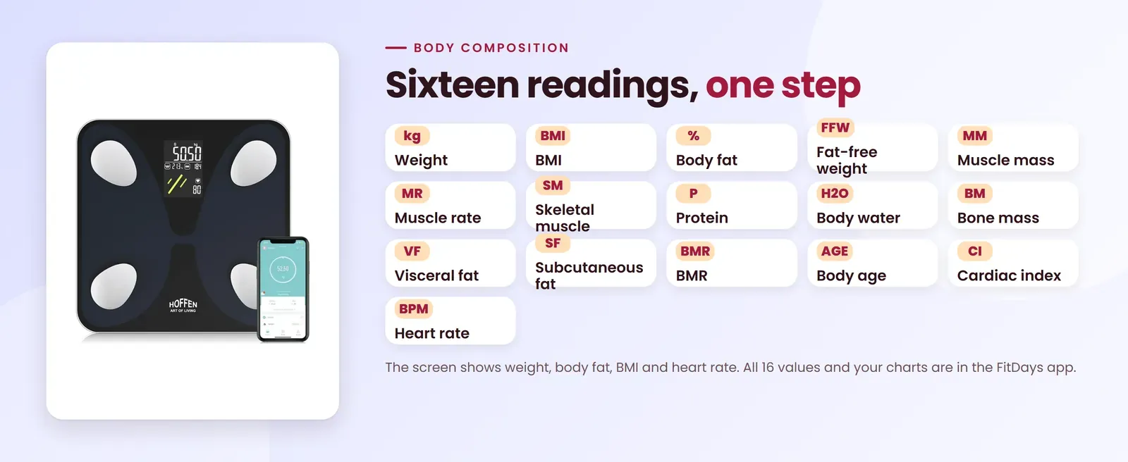 Hoffen HO-45 App body composition scale measures weight, BMI, body fat, fat-free weight, muscle mass, muscle rate, skeletal muscle, protein, body water, bone mass, visceral fat, subcutaneous fat, BMR, body age, cardiac index and heart rate
