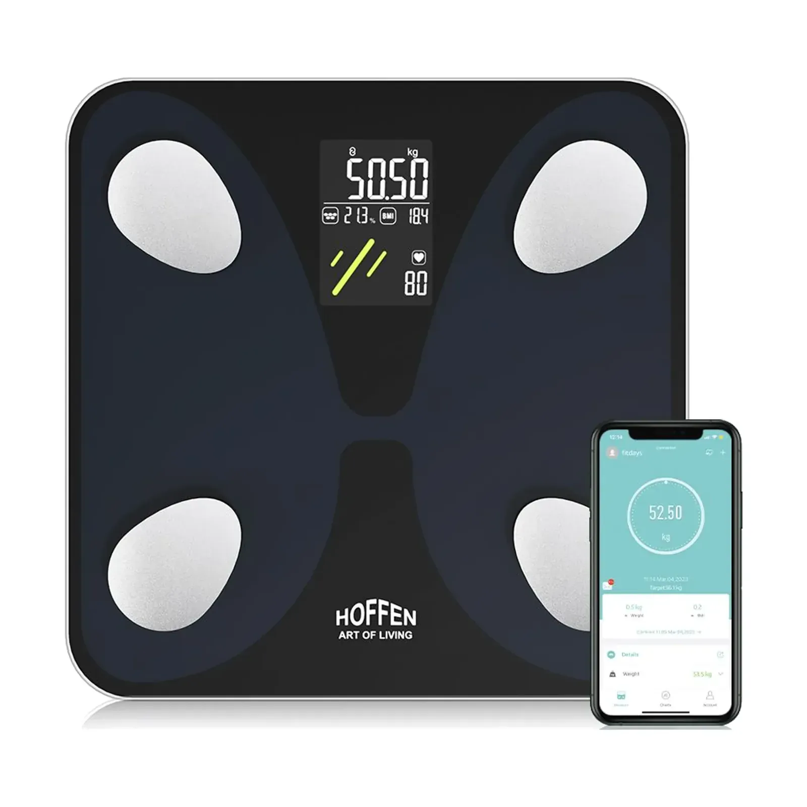 Hoffen HO-45 App body composition scale, with the FitDays app on a phone