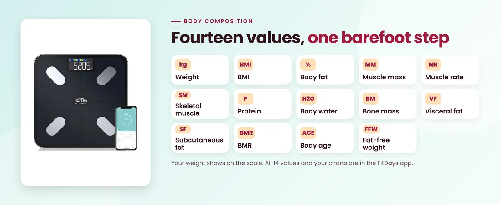 Hoffen HO-36 App body fat analyzer measures weight, BMI, body fat, muscle mass, muscle rate, skeletal muscle, protein, body water, bone mass, visceral fat, subcutaneous fat, BMR, body age and fat-free weight