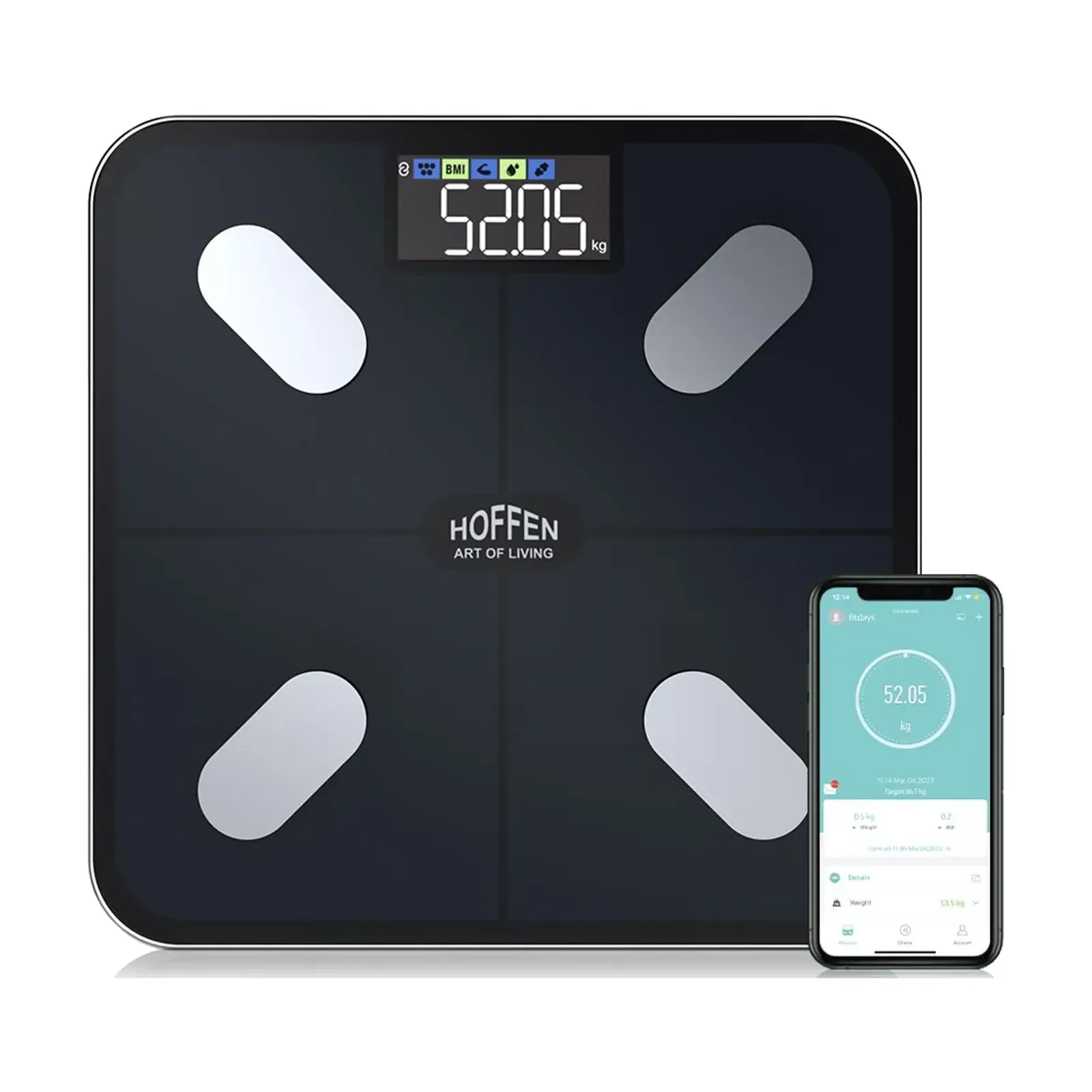 Hoffen HO-36 App body fat analyzer, with the FitDays app on a phone