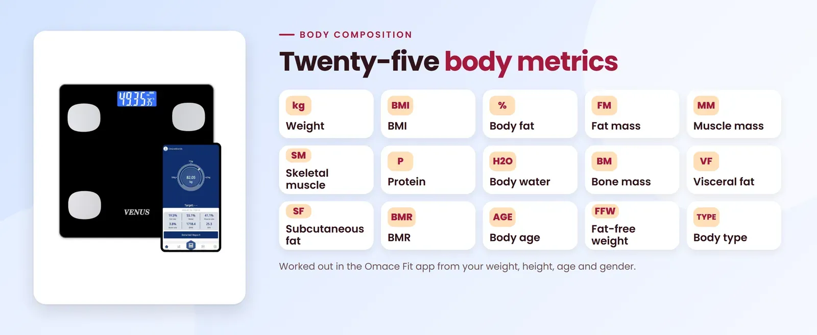 Venus EPS-6399 App body fat weighing machine measures weight, BMI, body fat, fat mass, muscle mass, skeletal muscle, protein, body water, bone mass, visceral fat, subcutaneous fat, BMR, body age, fat-free weight and body type
