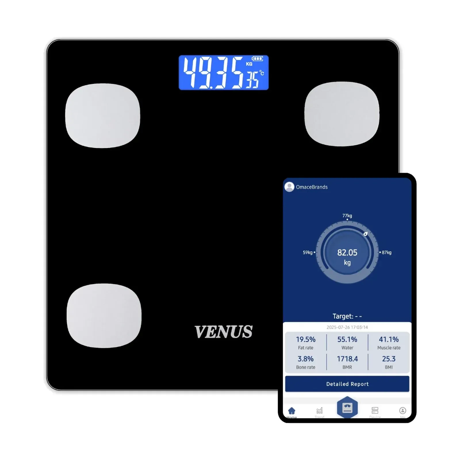 Venus EPS-6399 App body fat weighing machine, with the Omace Fit app on a phone