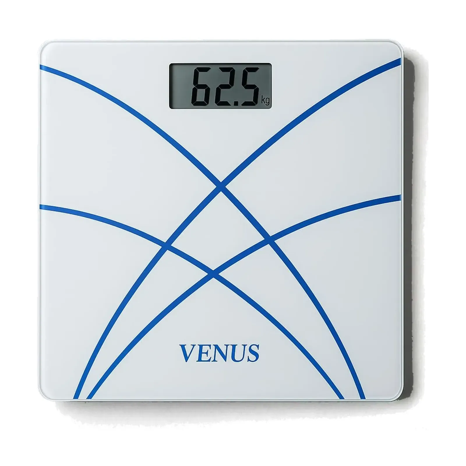 Venus EPS-281 Body Weight Scale, White Glass with Curved Lines, 180 kg, Backlit LCD, 26 x 26 cm, Blue Lines