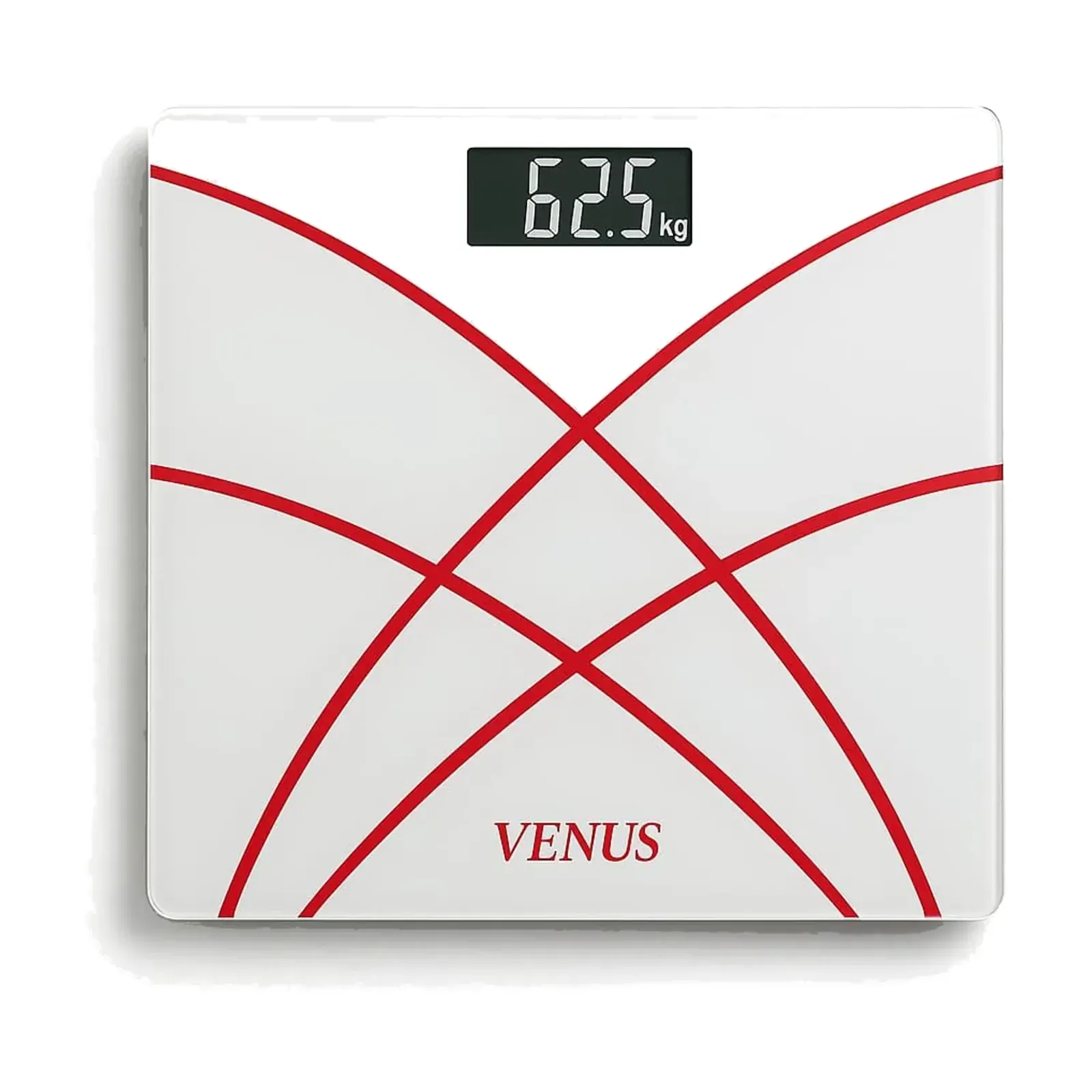 Venus EPS-281 Body Weight Scale, White Glass with Curved Lines, 180 kg, Backlit LCD, 26 x 26 cm, Red Lines