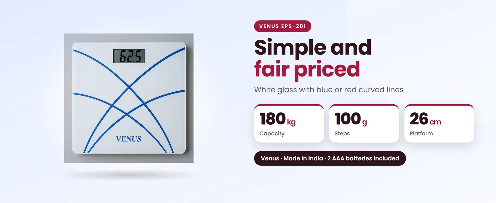 Venus EPS-281 body weight scale: White glass with blue or red curved lines