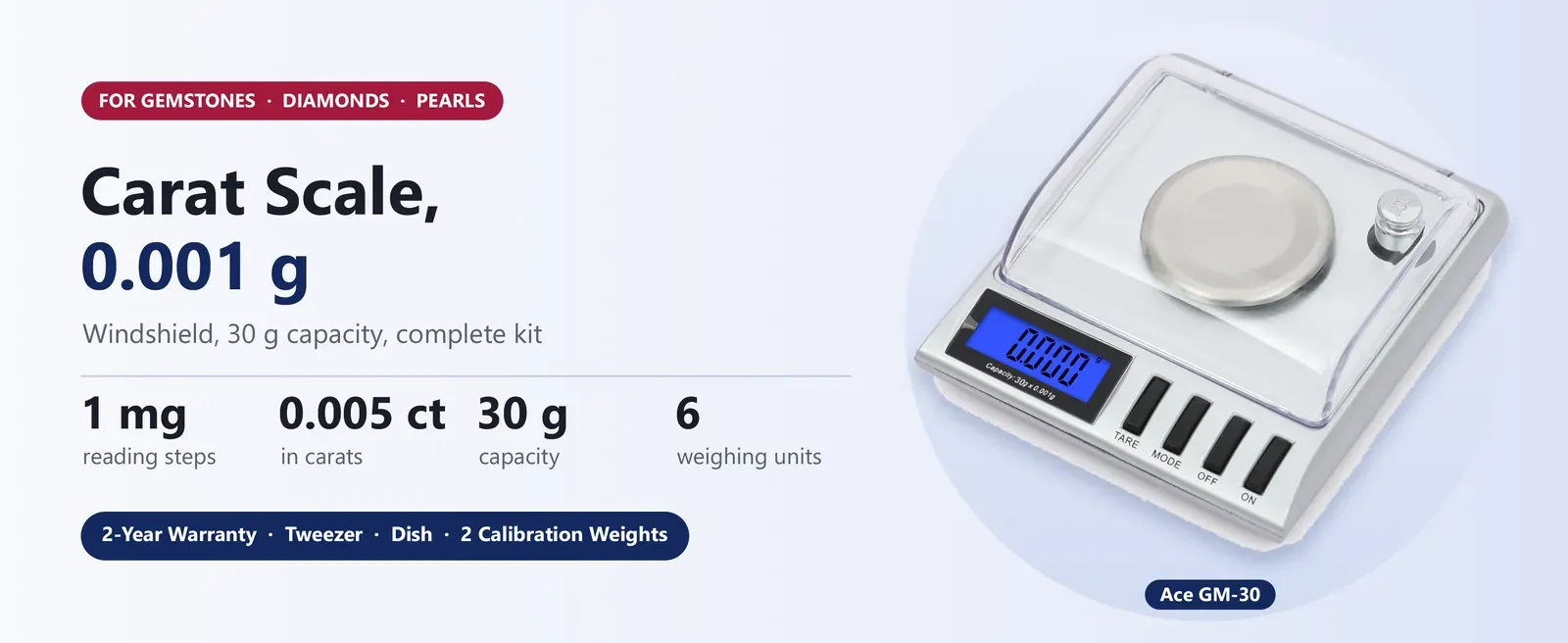 Ace GM-50 carat scale reading 0.001 g up to 50 g, with windshield, tweezer, dish and calibration weights