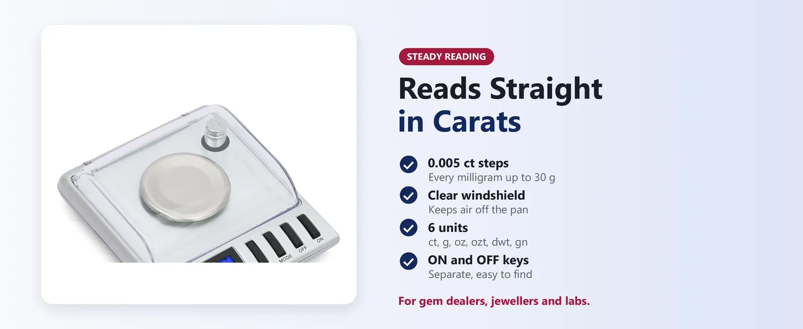 Carat scale with clear windshield, reading straight in carats in 0.001 g steps