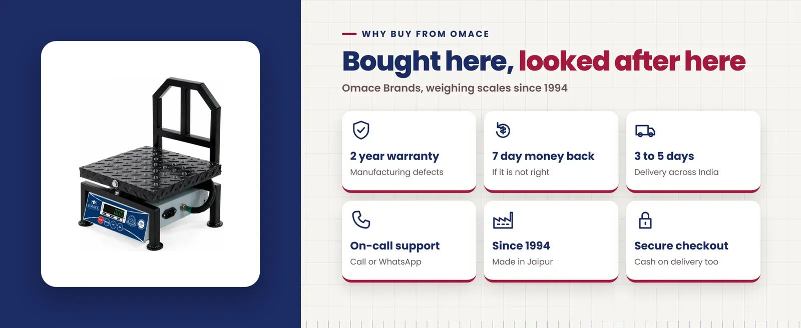 Why buy the Omace Om-CK-MS chicken weighing scale from Omace: 2 year warranty, 7 day money back, 3 to 5 day delivery, on-call support