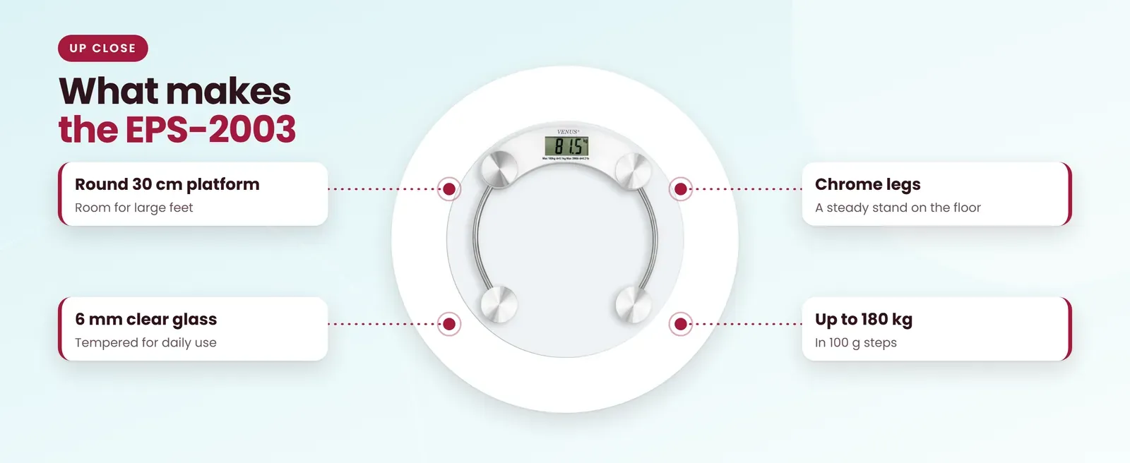 Venus EPS-2003 clinical weighing scale: round 30 cm platform, 6 mm clear glass, chrome legs, up to 180 kg