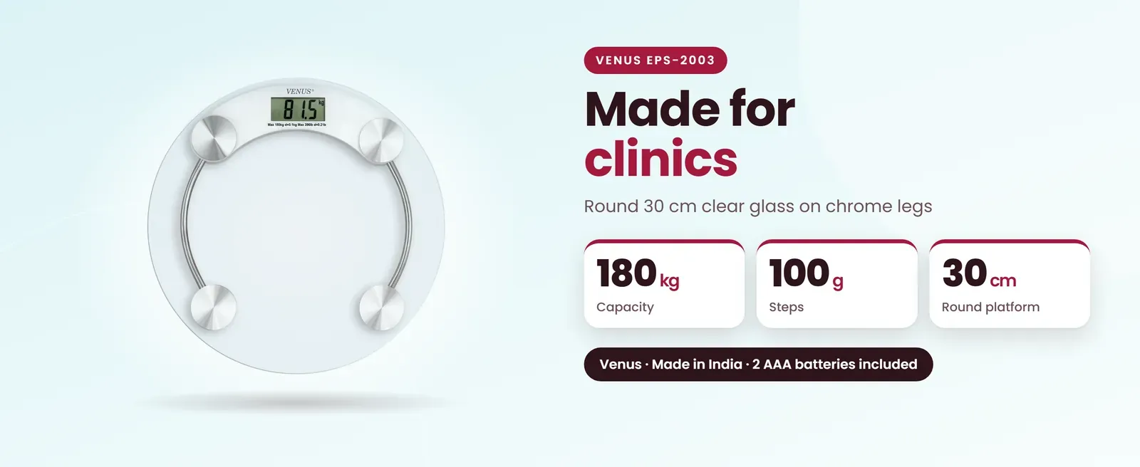Venus EPS-2003 clinical weighing scale: Round 30 cm clear glass on chrome legs