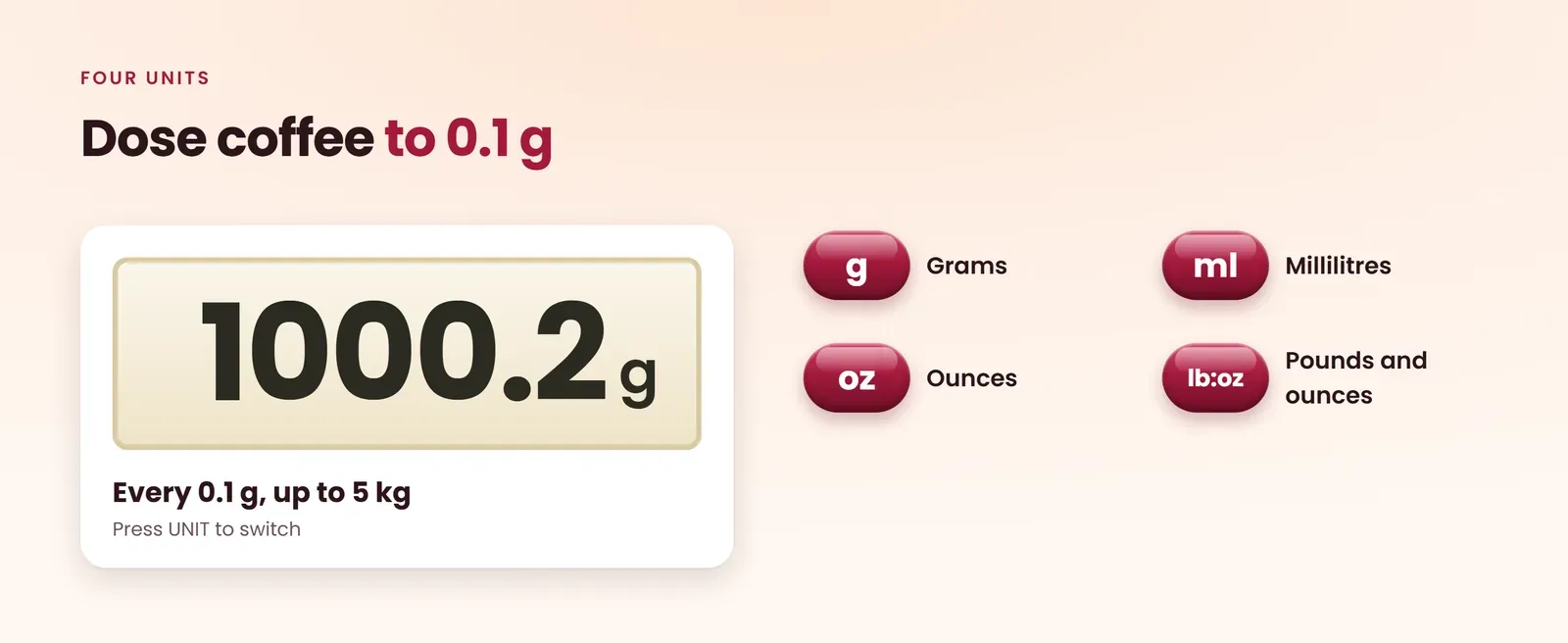 Smart kitchen scale with app reads 0.1 g up to 5 kg in grams, millilitres, ounces and pounds with ounces