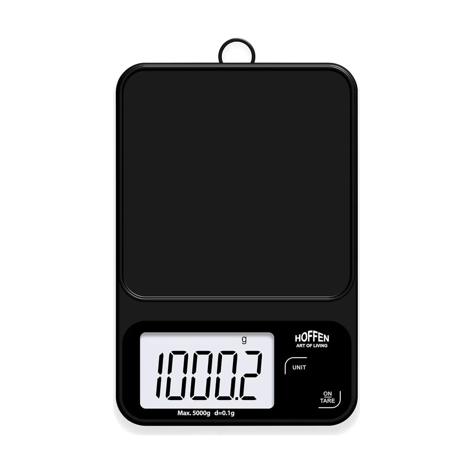 Hoffen KS-201 smart kitchen scale with app, front view with large LCD and hanging loop
