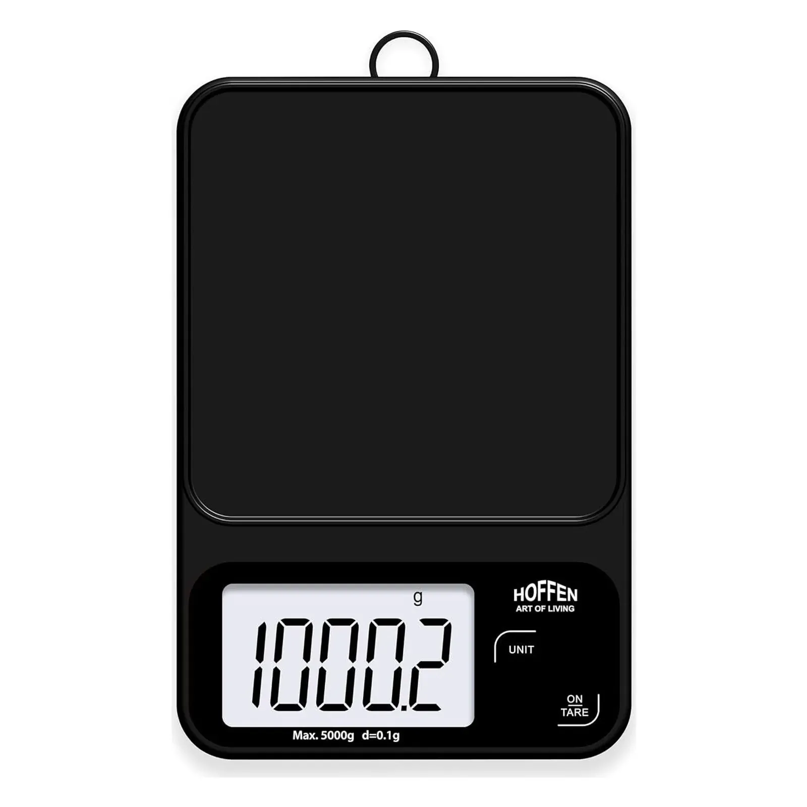 Hoffen KS-201 smart kitchen scale with app, front view with large LCD and hanging loop