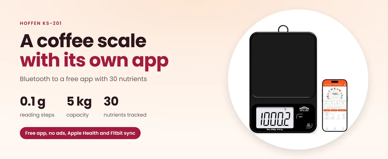 Hoffen KS-201 smart kitchen scale with app: 0.1 g steps up to 5 kg, Bluetooth to a free app with 30 nutrients