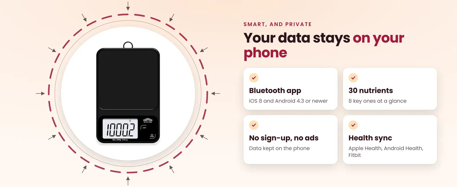 Smart kitchen scale with app features: Bluetooth app, 30 nutrients, no sign-up or ads, Apple Health and Fitbit sync