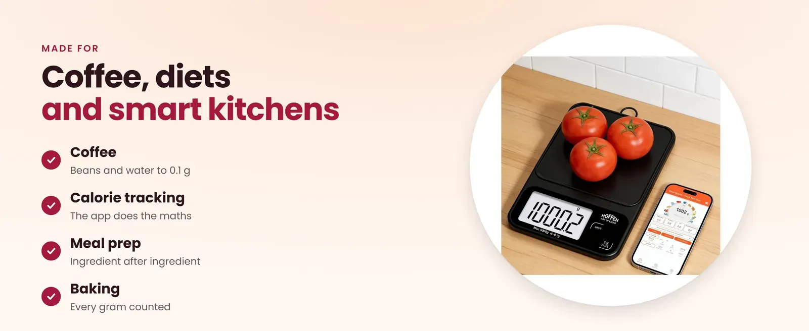 Smart kitchen scale with app for coffee, calorie tracking, meal prep and baking
