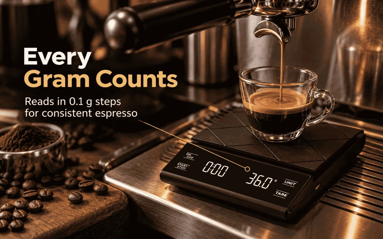 Weigh espresso in 0.1 g steps on the Hoffen KS-301 Espresso pouring into a glass cup on the Hoffen KS-301 coffee weighing scale, display reading 36.0 g