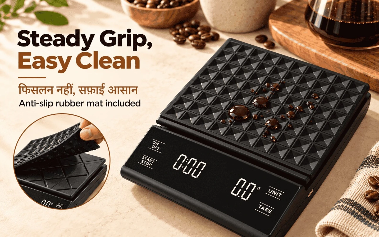 Anti-slip rubber mat included with the Hoffen KS-301 Hoffen KS-301 coffee weighing scale with removable anti-slip rubber mat holding spilled coffee drops
