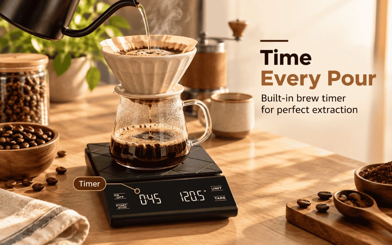 Built-in brew timer on the Hoffen KS-301 Pour-over coffee brewed on the Hoffen KS-301 coffee weighing scale, display showing 0:45 brew time and 120.5 g