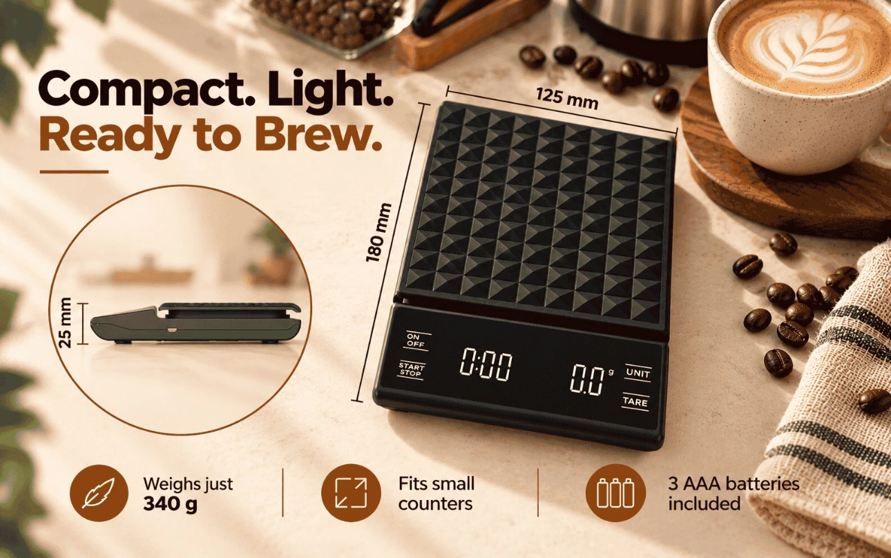 Compact 180 × 125 × 25 mm coffee scale – Hoffen KS-301 Hoffen KS-301 coffee weighing scale dimensions: 180 × 125 mm and 25 mm slim height, weighing 340 g