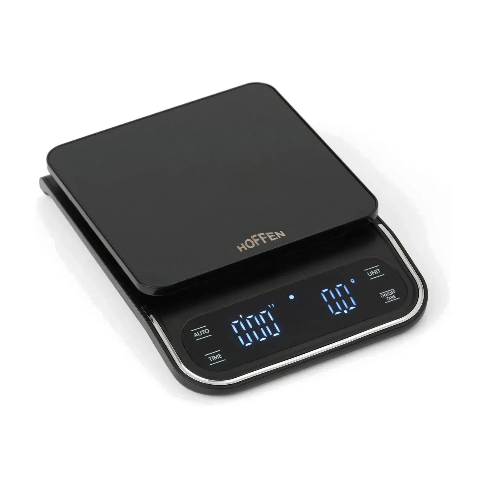 Hoffen KS-303 coffee weighing scale, angled view with LED time and weight display