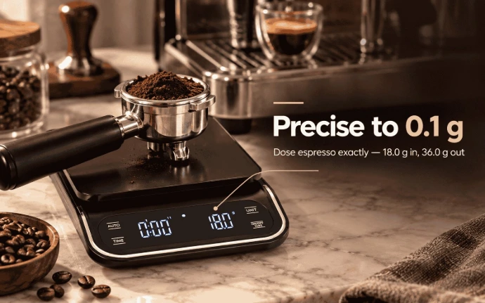 Dose espresso to 0.1 g on the Hoffen KS-303 Espresso portafilter with ground coffee on the Hoffen KS-303 coffee weighing scale, display reading 18.0 g