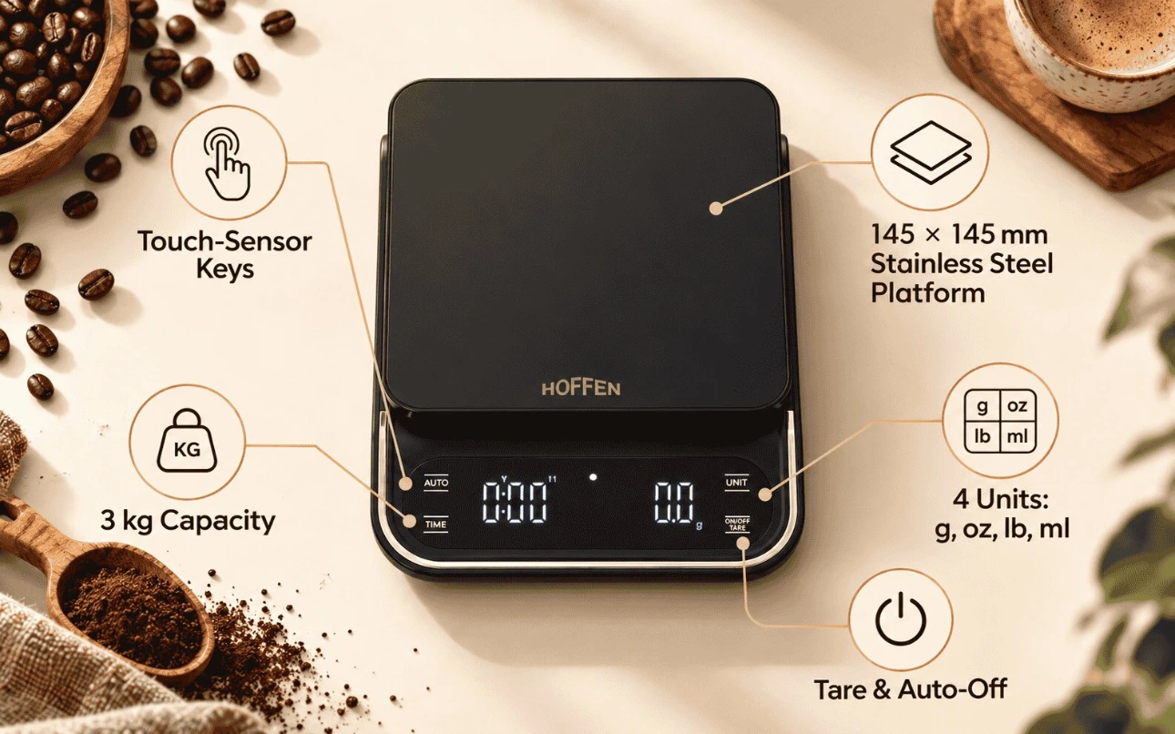 Key features of the Hoffen KS-303 coffee scale Top view of the Hoffen KS-303 coffee weighing scale with labels for touch-sensor keys, 3 kg capacity, 145 × 145 mm platform, 4 units and tare with auto-off
