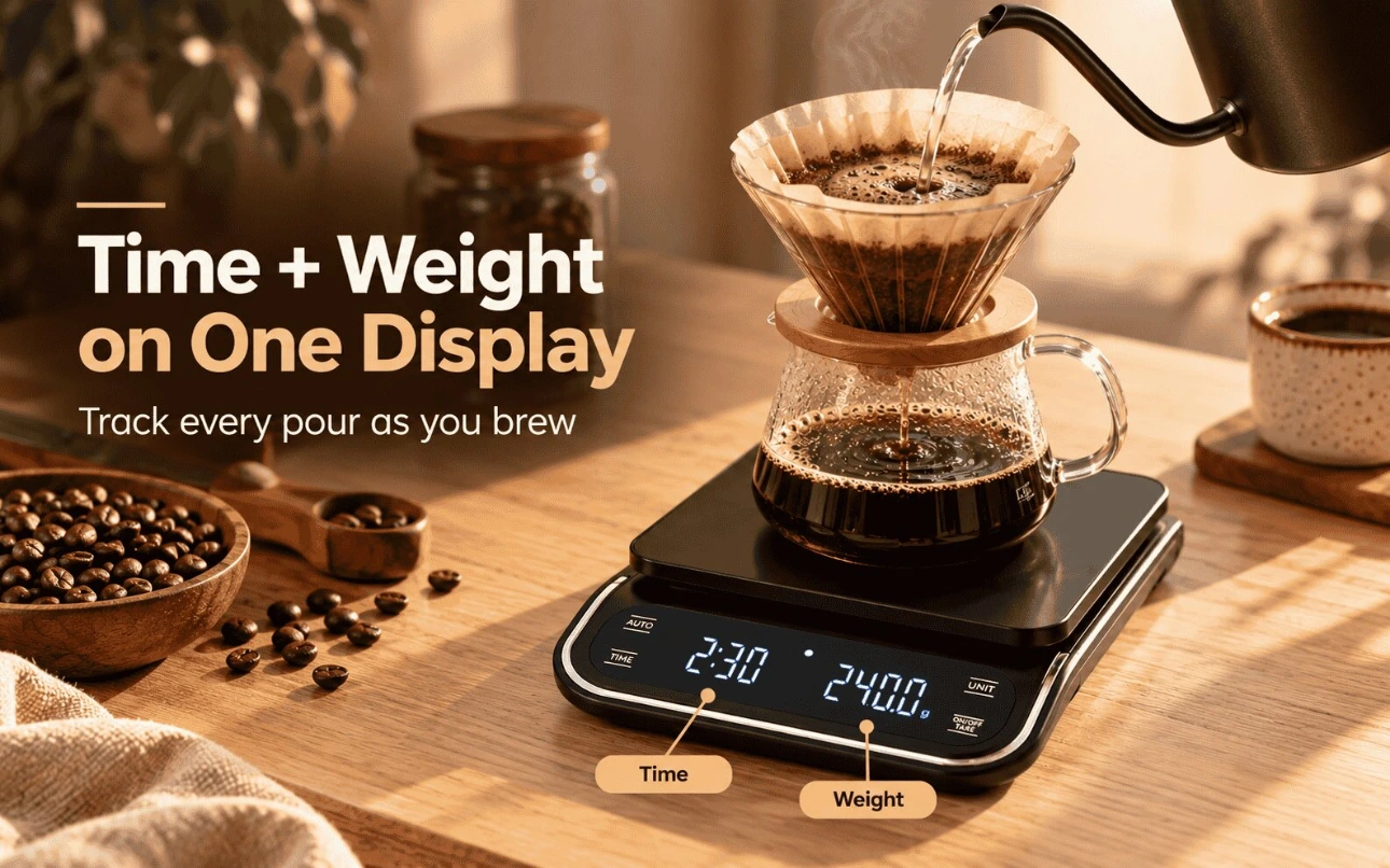 Time and weight on one display – Hoffen KS-303 Pour-over coffee brewed on the Hoffen KS-303 coffee weighing scale, display showing 2:30 brew time and 240.0 g weight