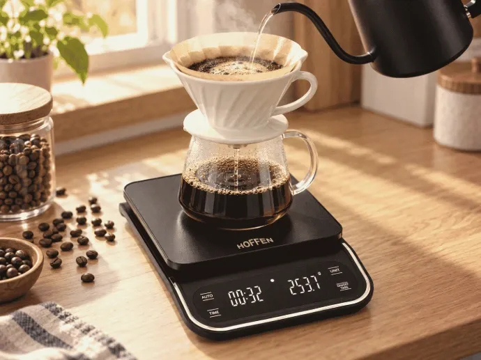 Pour-over coffee brewed on the Hoffen KS-303 scale with timer running