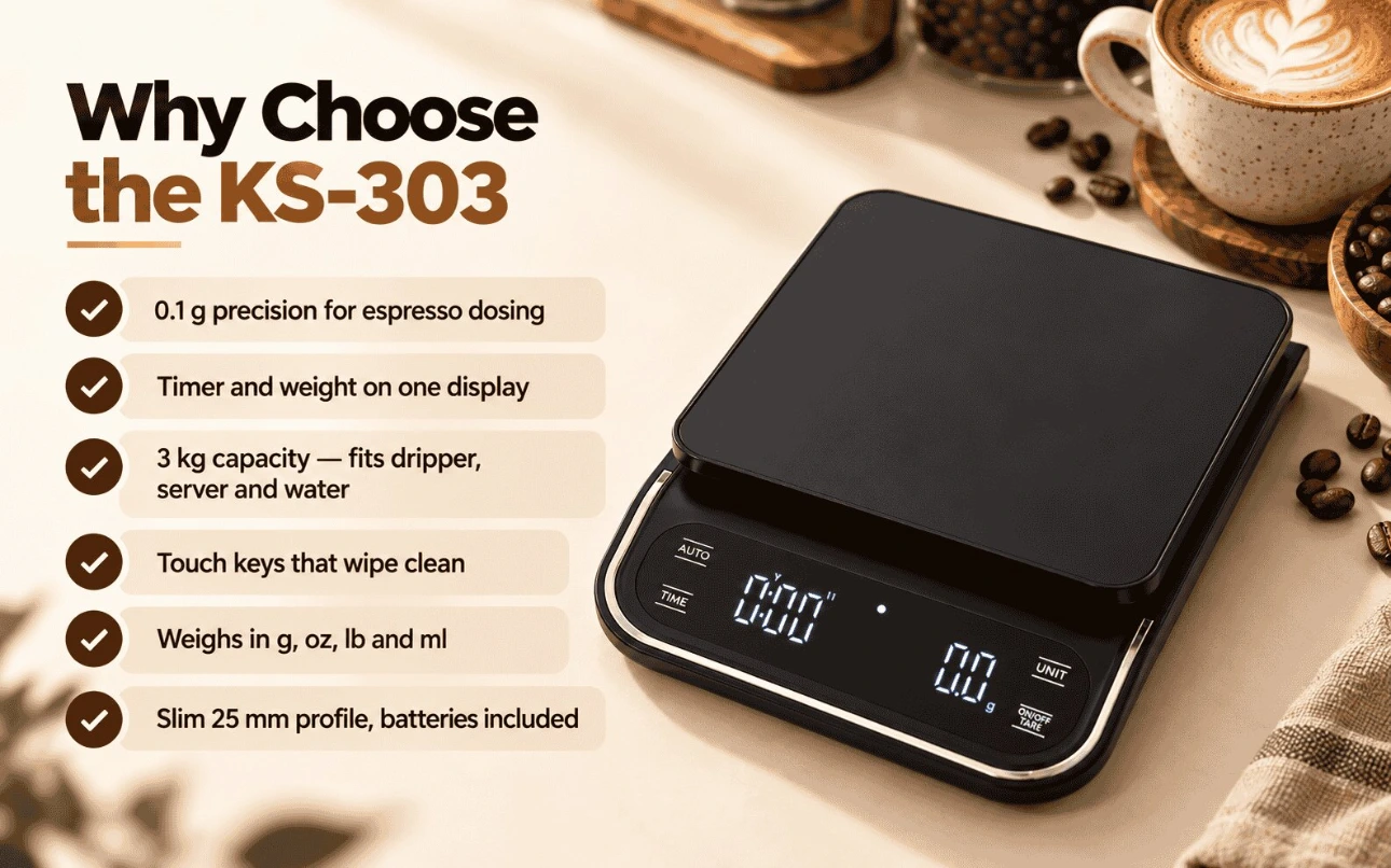 Why choose the Hoffen KS-303 coffee weighing scale Hoffen KS-303 coffee weighing scale beside a checklist of benefits: 0.1 g precision, built-in timer, 3 kg capacity, touch keys, 4 units and slim 25 mm profile