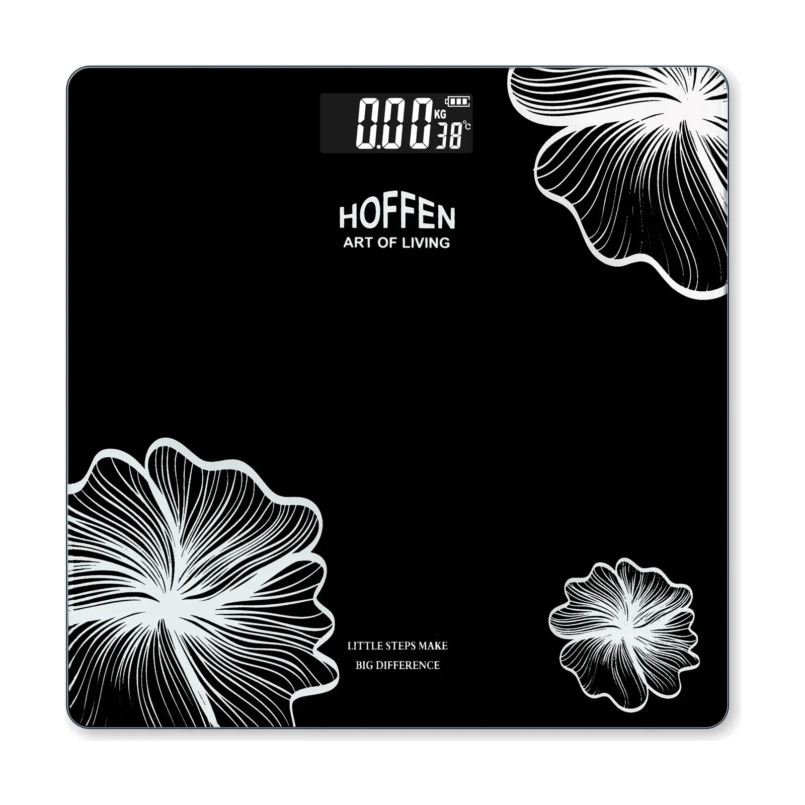 Hoffen HO-27 Compact Weighing Scale, White Floral Print, 180 kg, Backlit LCD, Black and Blue, Black