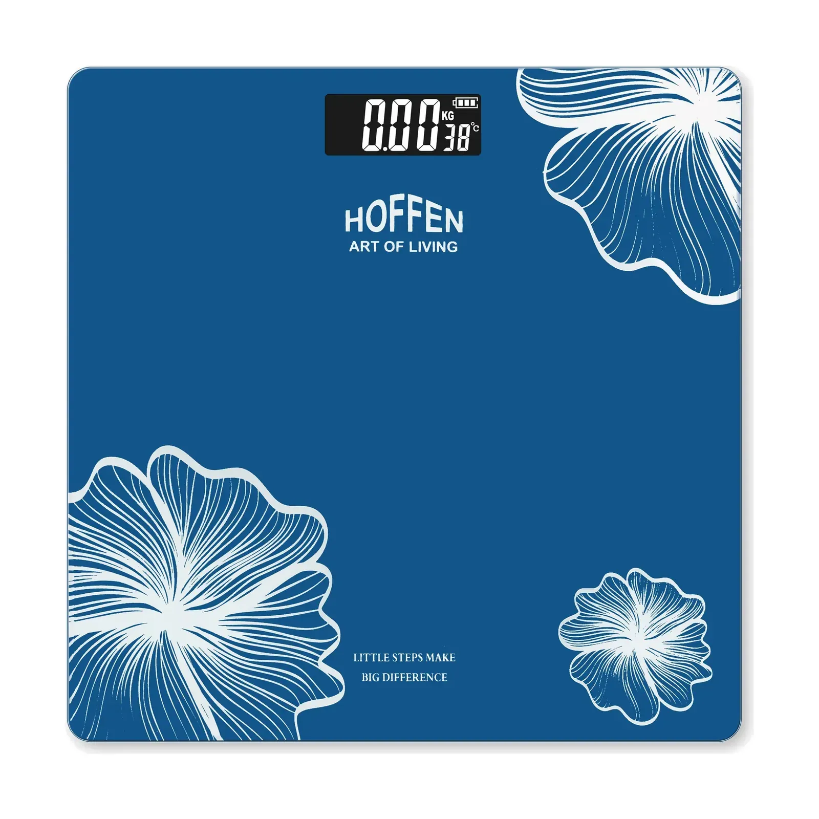 Hoffen HO-27 Compact Weighing Scale, White Floral Print, 180 kg, Backlit LCD, Black and Blue, Blue