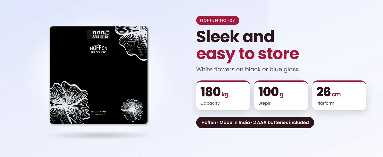Hoffen HO-27 compact weighing scale: White flowers on black or blue glass