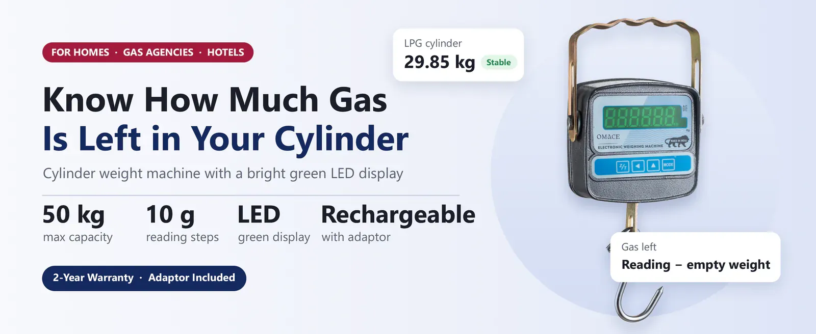 Omace OM-CS-A-09 cylinder weight machine: 50 kg capacity, 10 g steps, green LED, rechargeable