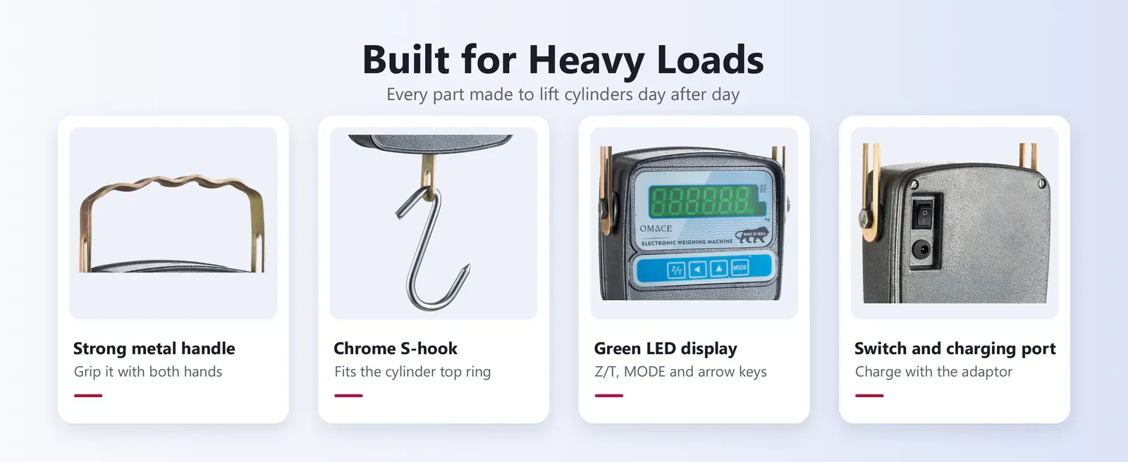 Omace OM-CS-A-09 parts: metal handle, chrome S-hook, green LED display, switch and charging port