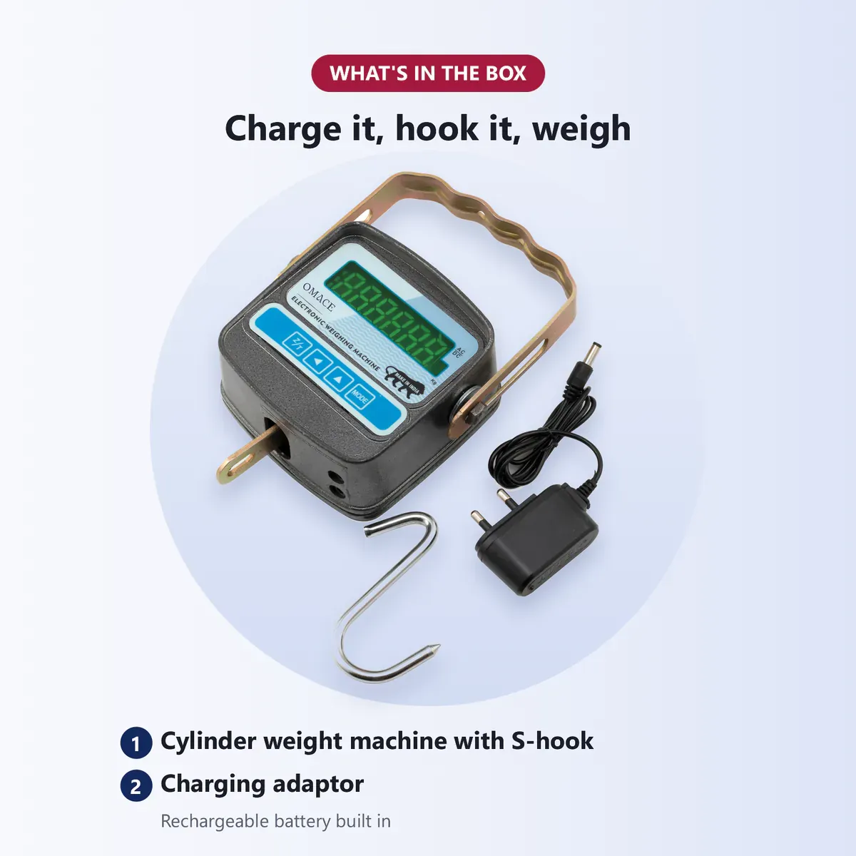 What's in the box: Omace OM-CS-A-09 cylinder weight machine with chrome S-hook and charging adaptor